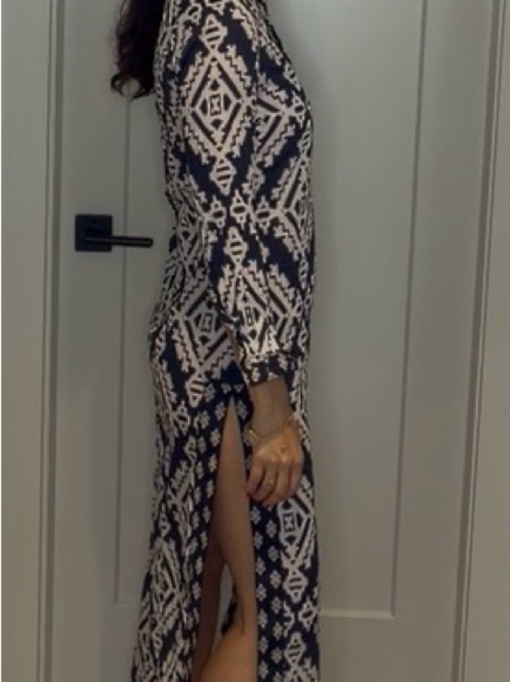 Navy & Cream Long Sleeve Split Maxi Dress